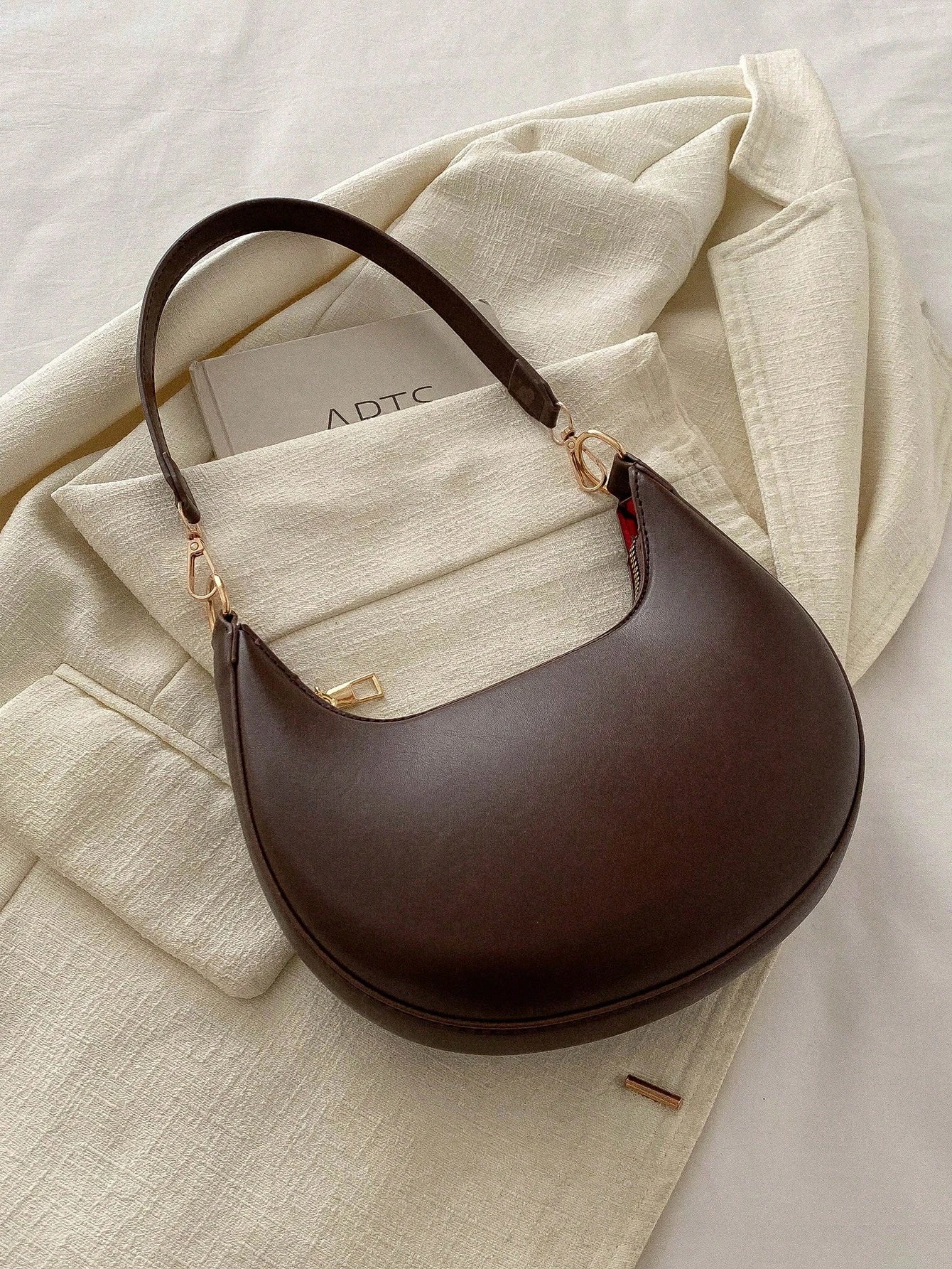MOD 1pc Coffee Brown Crescent-Shaped PU Leather Shoulder Bag, Fashion Simple Solid Color Women Underarm Bag, Autumn/Winter, Old Money,Business Professional Women, Quiet Luxury