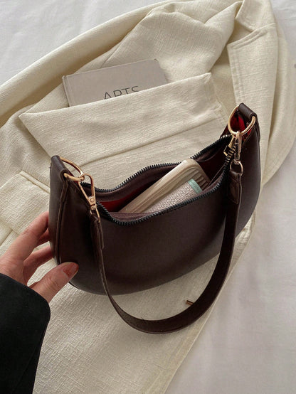 MOD 1pc Coffee Brown Crescent-Shaped PU Leather Shoulder Bag, Fashion Simple Solid Color Women Underarm Bag, Autumn/Winter, Old Money,Business Professional Women, Quiet Luxury