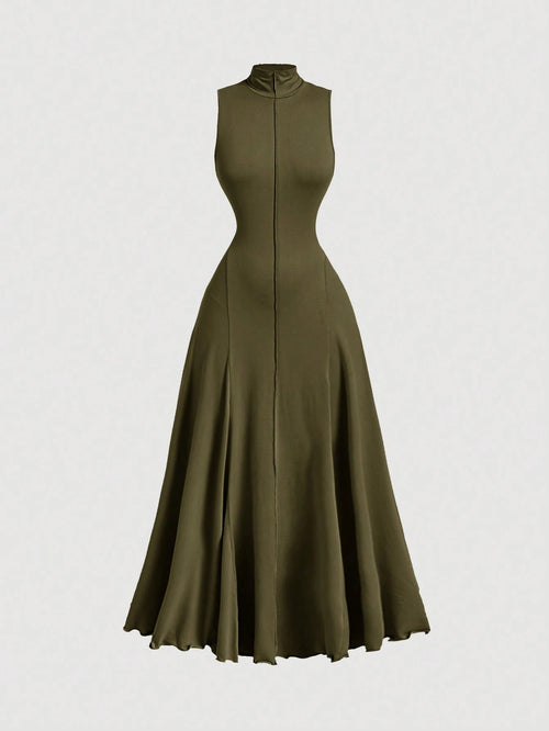 MOD Elegant Olive Green Turtleneck Sleeveless Dress For Women,Autumn Brunch Vintage Long Dresses,Evening Prom Homecoming & Cruise Outfits