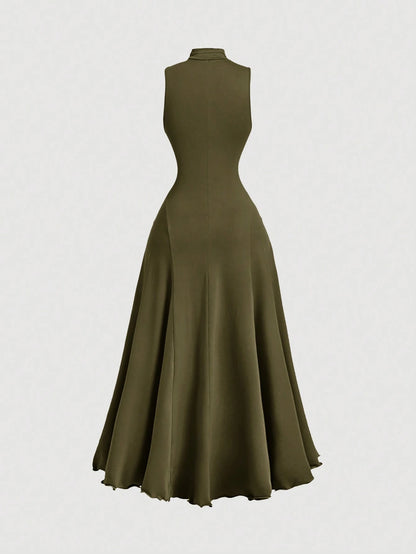 MOD Elegant Olive Green Turtleneck Sleeveless Dress For Women,Autumn Brunch Vintage Long Dresses,Evening Prom Homecoming & Cruise Outfits