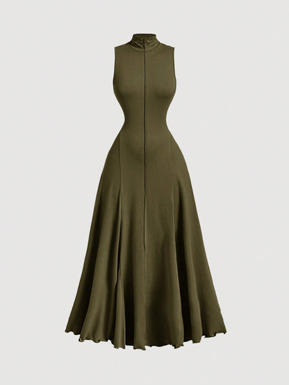 MOD Elegant Olive Green Turtleneck Sleeveless Dress For Women,Autumn Brunch Vintage Long Dresses,Evening Prom Homecoming & Cruise Outfits