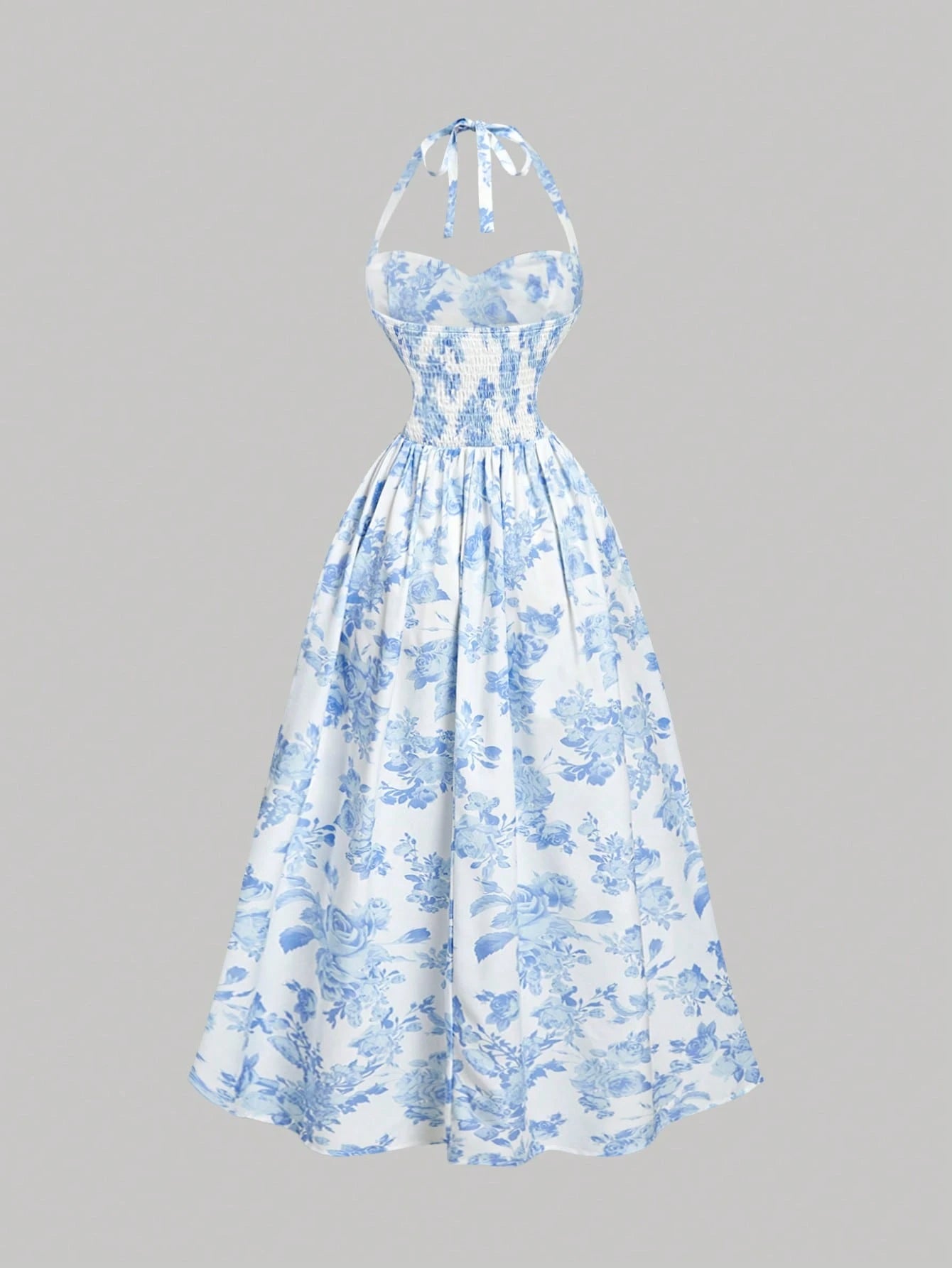 MOD Petite Women's Elegant White And Blue Floral Halter Mid-Length Dress,Petite Perfect 150-160cm Summer Holiday Tea Party,Boho Wedding Guest Outfit
