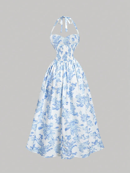 MOD Petite Women's Elegant White And Blue Floral Halter Mid-Length Dress,Petite Perfect 150-160cm Summer Holiday Tea Party,Boho Wedding Guest Outfit