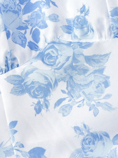 MOD Petite Women's Elegant White And Blue Floral Halter Mid-Length Dress,Petite Perfect 150-160cm Summer Holiday Tea Party,Boho Wedding Guest Outfit