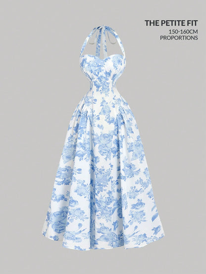 MOD Petite Women's Elegant White And Blue Floral Halter Mid-Length Dress,Petite Perfect 150-160cm Summer Holiday Tea Party,Boho Wedding Guest Outfit