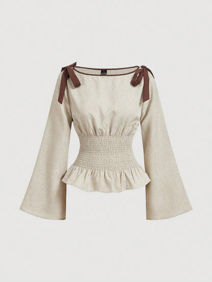 MOD Plus Size Women Fashion Versatile Tie Cuff Ruffle Hem Long Sleeve Blouse Autumn Birthday Evening Beige Elegant Fall