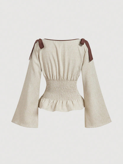 MOD Plus Size Women Fashion Versatile Tie Cuff Ruffle Hem Long Sleeve Blouse Autumn Birthday Evening Beige Elegant Fall