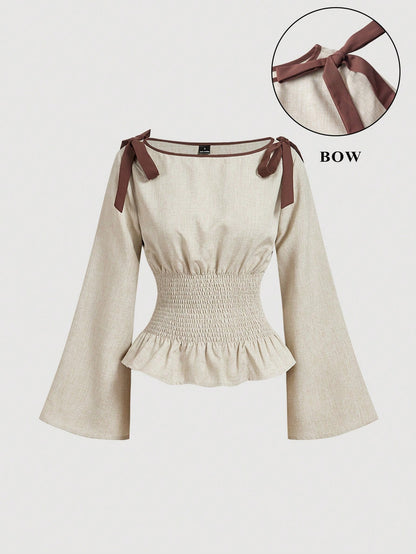 MOD Plus Size Women Fashion Versatile Tie Cuff Ruffle Hem Long Sleeve Blouse Autumn Birthday Evening Beige Elegant Fall