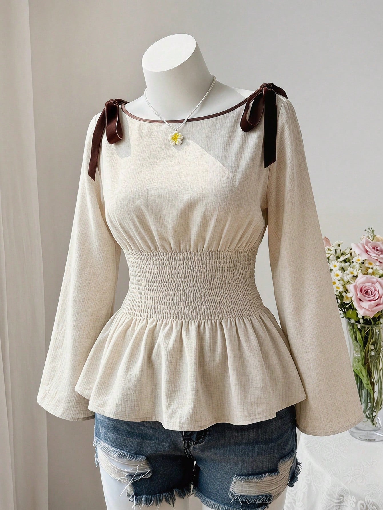 MOD Plus Size Women Fashion Versatile Tie Cuff Ruffle Hem Long Sleeve Blouse Autumn Birthday Evening Beige Elegant Fall