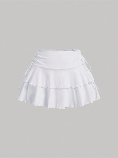 MOD Summer Casual Drawstring Ruched Waist A-Line Skirt