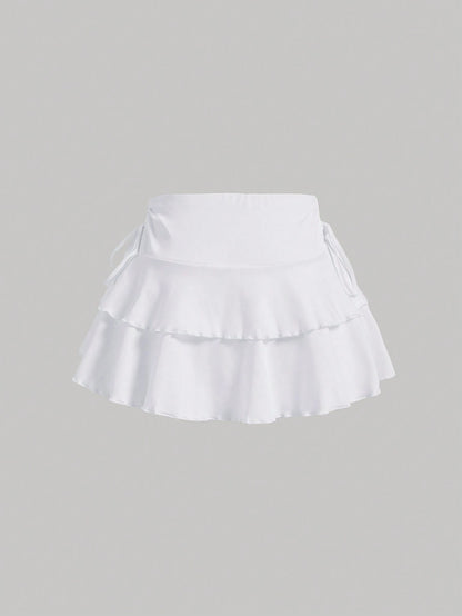 MOD Summer Casual Drawstring Ruched Waist A-Line Skirt