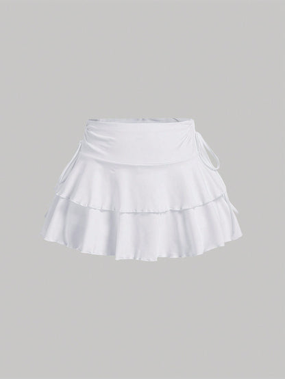 MOD Summer Casual Drawstring Ruched Waist A-Line Skirt