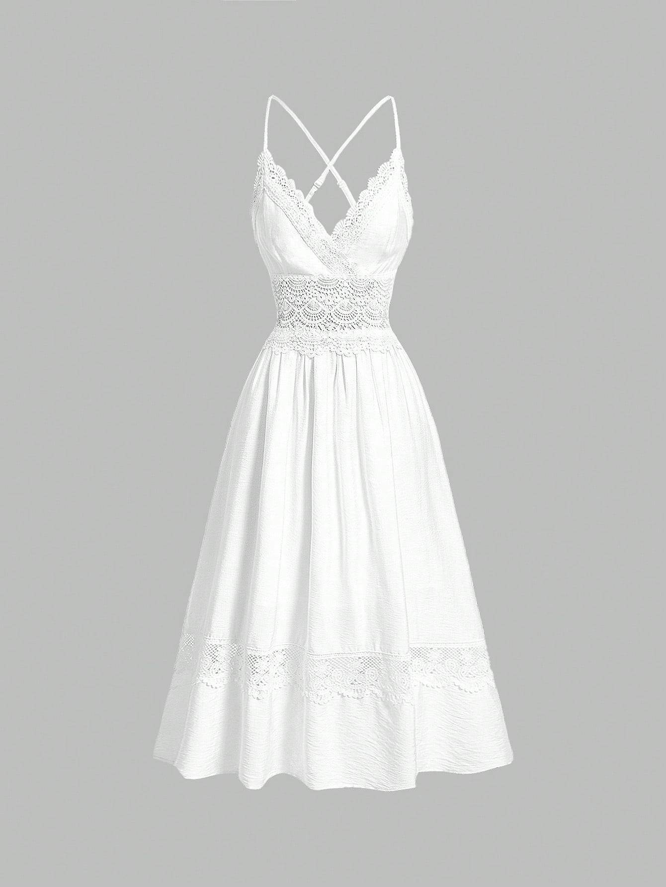 MOD White Vintage Lace Trim Spaghetti Strap Women's Dress,Long Summer Dress,Crochet Dress,White Flowy Dress