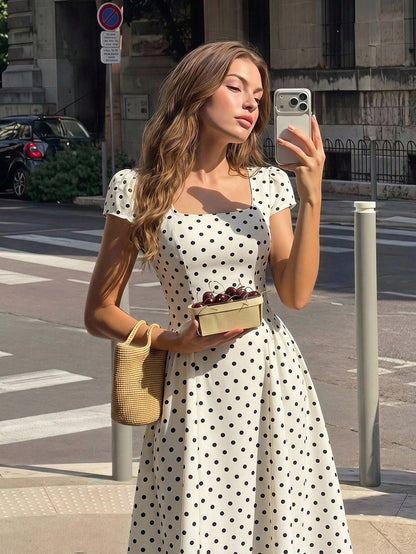 MOD White With Black Polka Dots Square Round Neck Cap Sleeve Midi Dress 1960s Vintage,Back To School,Graduation Dress,Vacation,Brunch Outfits,Summer