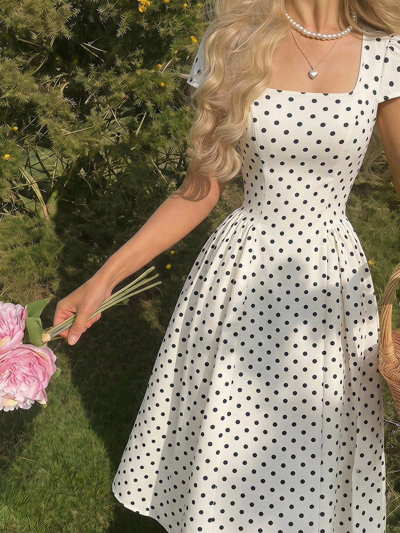 MOD White With Black Polka Dots Square Round Neck Cap Sleeve Midi Dress 1960s Vintage,Back To School,Graduation Dress,Vacation,Brunch Outfits,Summer
