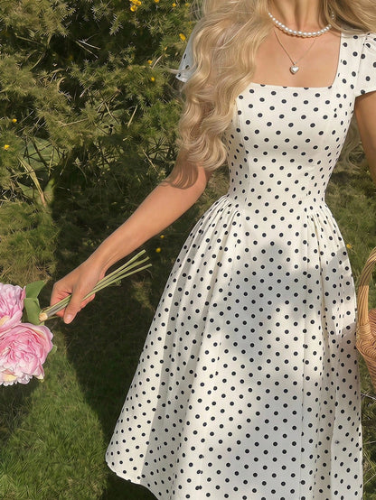 MOD White With Black Polka Dots Square Round Neck Cap Sleeve Midi Dress 1960s Vintage,Back To School,Graduation Dress,Vacation,Brunch Outfits,Summer