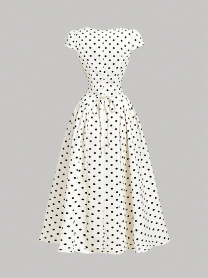 MOD White With Black Polka Dots Square Round Neck Cap Sleeve Midi Dress 1960s Vintage,Back To School,Graduation Dress,Vacation,Brunch Outfits,Summer