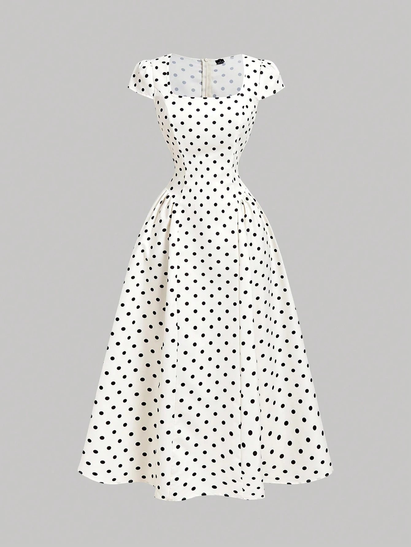 MOD White With Black Polka Dots Square Round Neck Cap Sleeve Midi Dress 1960s Vintage,Back To School,Graduation Dress,Vacation,Brunch Outfits,Summer