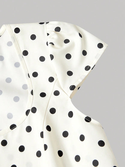 MOD White With Black Polka Dots Square Round Neck Cap Sleeve Midi Dress 1960s Vintage,Back To School,Graduation Dress,Vacation,Brunch Outfits,Summer