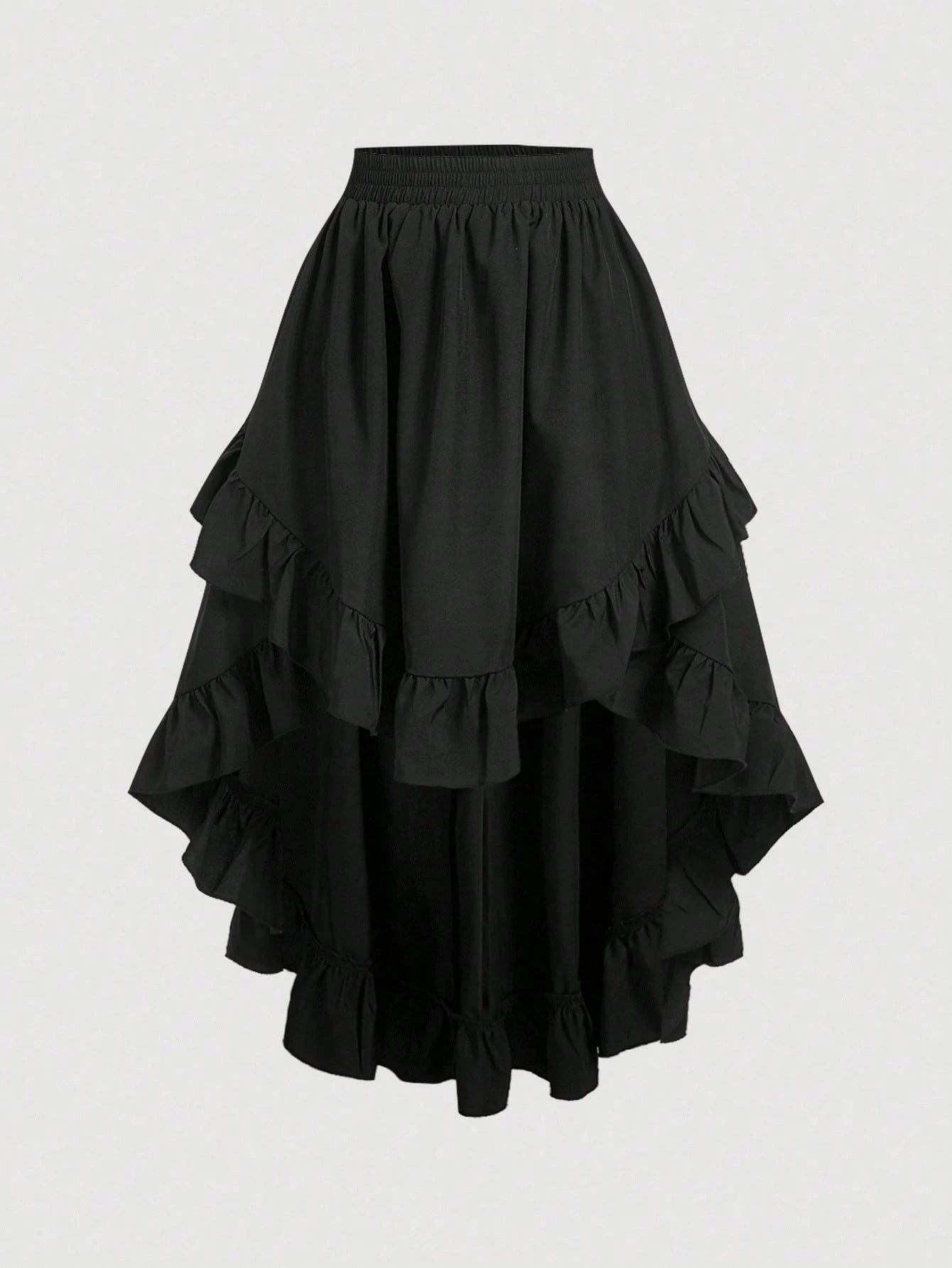 MOD Women's Black Ruffle Hem Skirt, Retro Black Layered A-Line Skirt Party Birthday Autumn 70's Goth