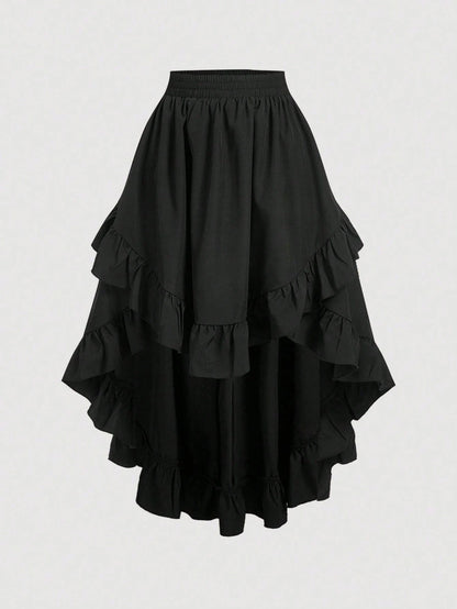 MOD Women's Black Ruffle Hem Skirt, Retro Black Layered A-Line Skirt Party Birthday Autumn 70's Goth