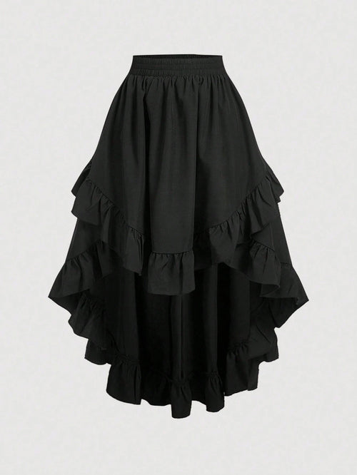 MOD Women's Black Ruffle Hem Skirt, Retro Black Layered A-Line Skirt Party Birthday Autumn 70's Goth