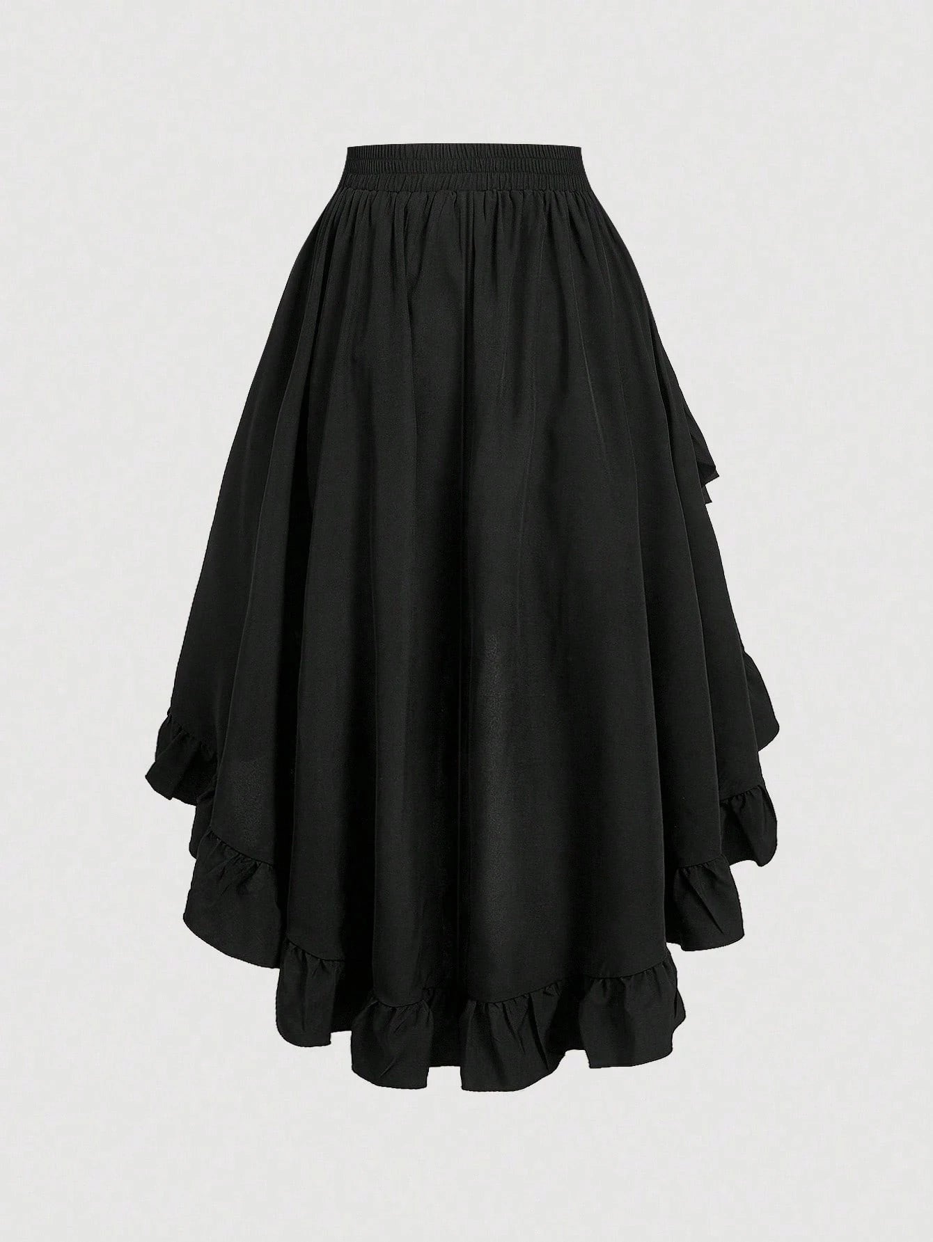 MOD Women's Black Ruffle Hem Skirt, Retro Black Layered A-Line Skirt Party Birthday Autumn 70's Goth