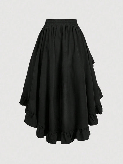 MOD Women's Black Ruffle Hem Skirt, Retro Black Layered A-Line Skirt Party Birthday Autumn 70's Goth