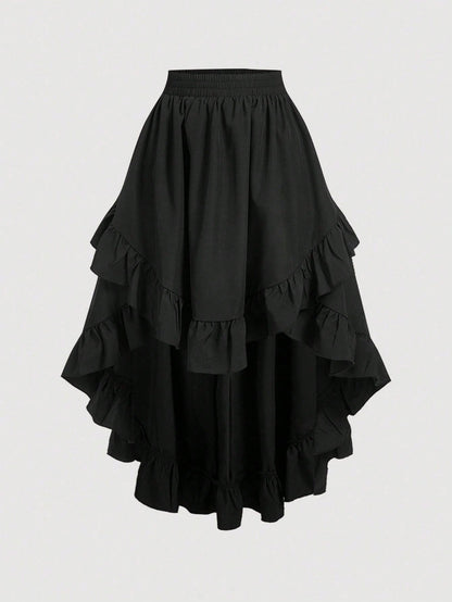 MOD Women's Black Ruffle Hem Skirt, Retro Black Layered A-Line Skirt Party Birthday Autumn 70's Goth