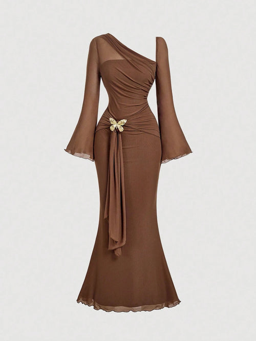 MOD Women's Elegant Mature Coffee Brown Autumn Mermaid Dress, One Shoulder Flare Sleeve Mesh Bow Metal Buckle Formal Dinner For Wedding Guest Party Dining