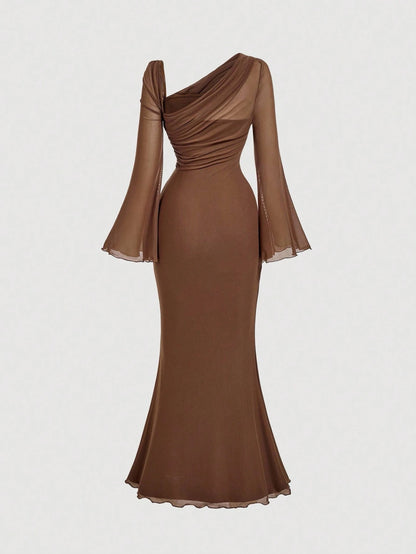 MOD Women's Elegant Mature Coffee Brown Autumn Mermaid Dress, One Shoulder Flare Sleeve Mesh Bow Metal Buckle Formal Dinner For Wedding Guest Party Dining