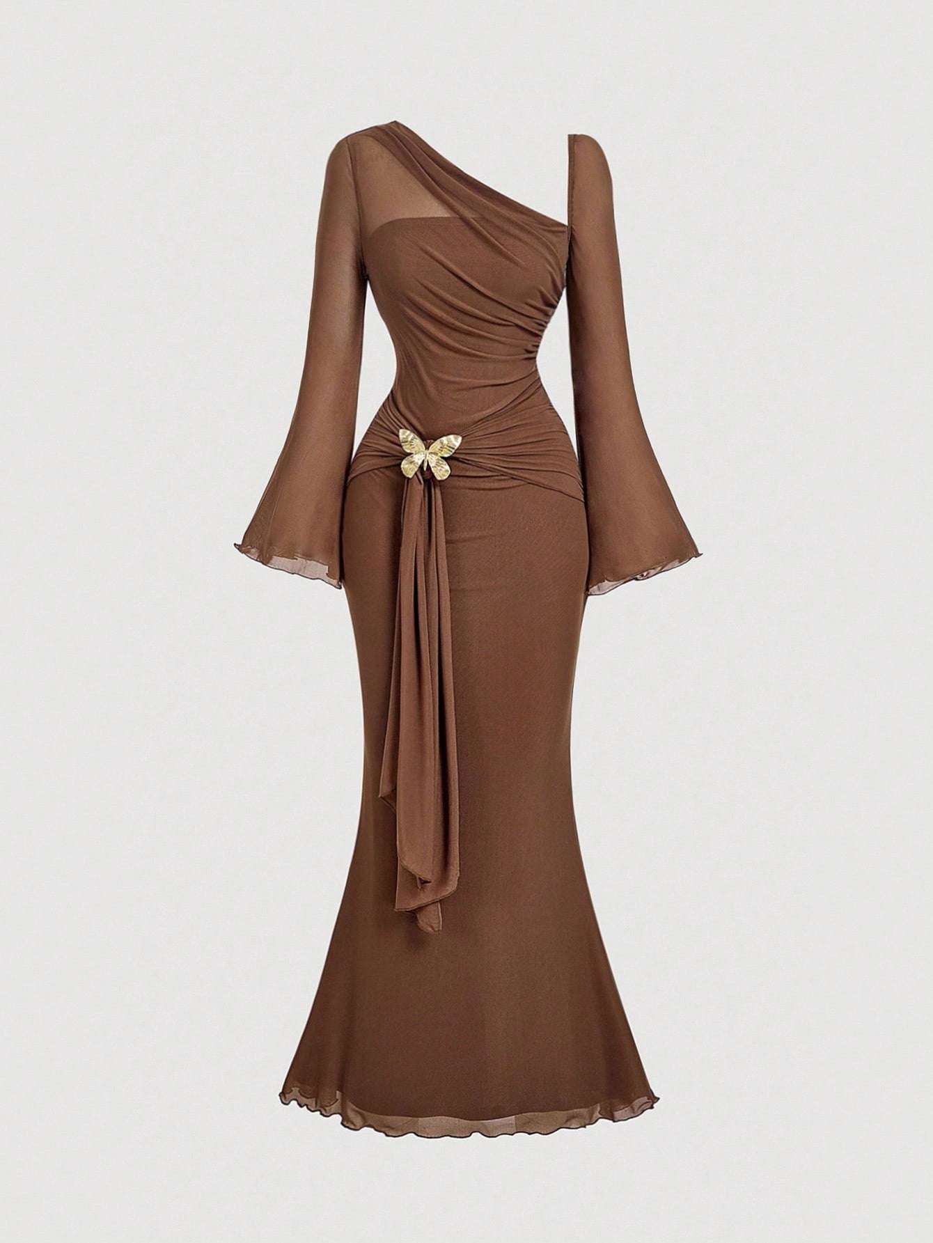 MOD Women's Elegant Mature Coffee Brown Autumn Mermaid Dress, One Shoulder Flare Sleeve Mesh Bow Metal Buckle Formal Dinner For Wedding Guest Party Dining
