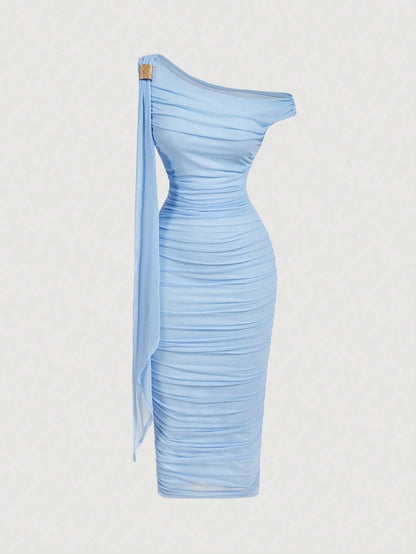MOD Women's Elegant Slit Shoulder Ruched Bodycon Mid-Calf Dress, Summer