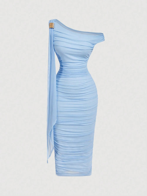 MOD Women's Elegant Slit Shoulder Ruched Bodycon Mid-Calf Dress, Summer