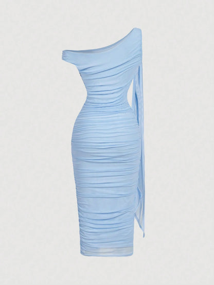 MOD Women's Elegant Slit Shoulder Ruched Bodycon Mid-Calf Dress, Summer