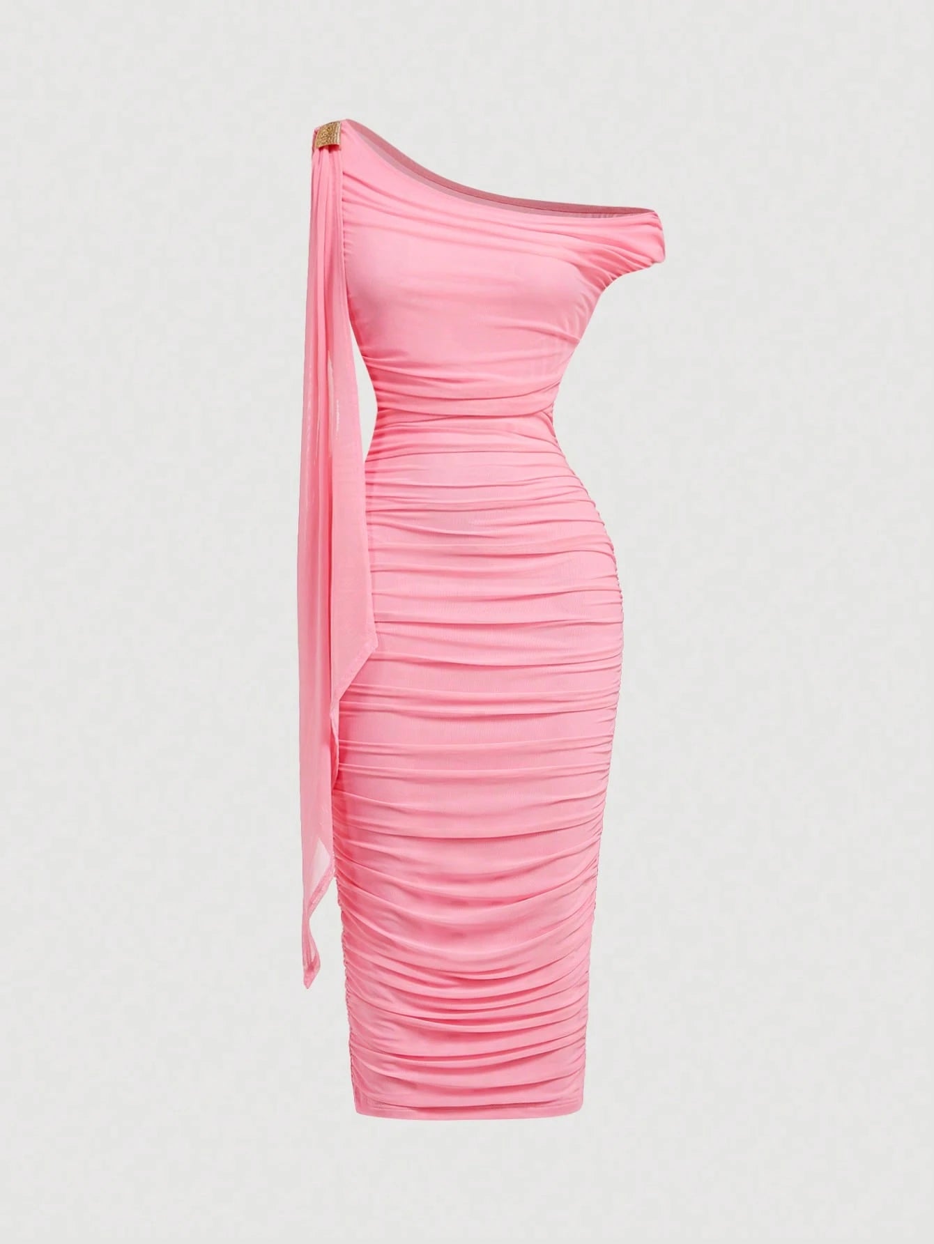 MOD Women's Elegant Slit Shoulder Ruched Bodycon Mid-Calf Dress, Summer