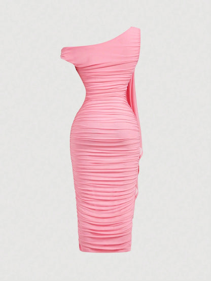 MOD Women's Elegant Slit Shoulder Ruched Bodycon Mid-Calf Dress, Summer