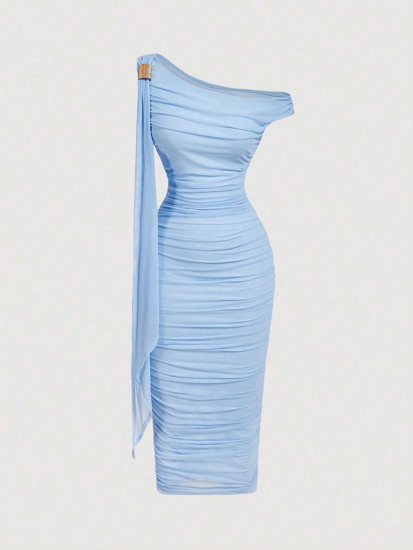 MOD Women's Elegant Slit Shoulder Ruched Bodycon Mid-Calf Dress, Summer