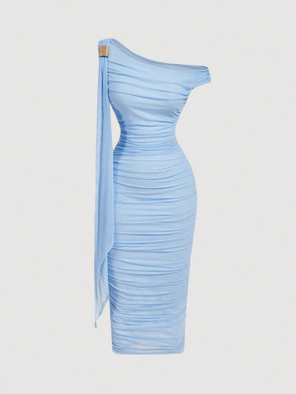 MOD Women's Elegant Slit Shoulder Ruched Bodycon Mid-Calf Dress, Summer