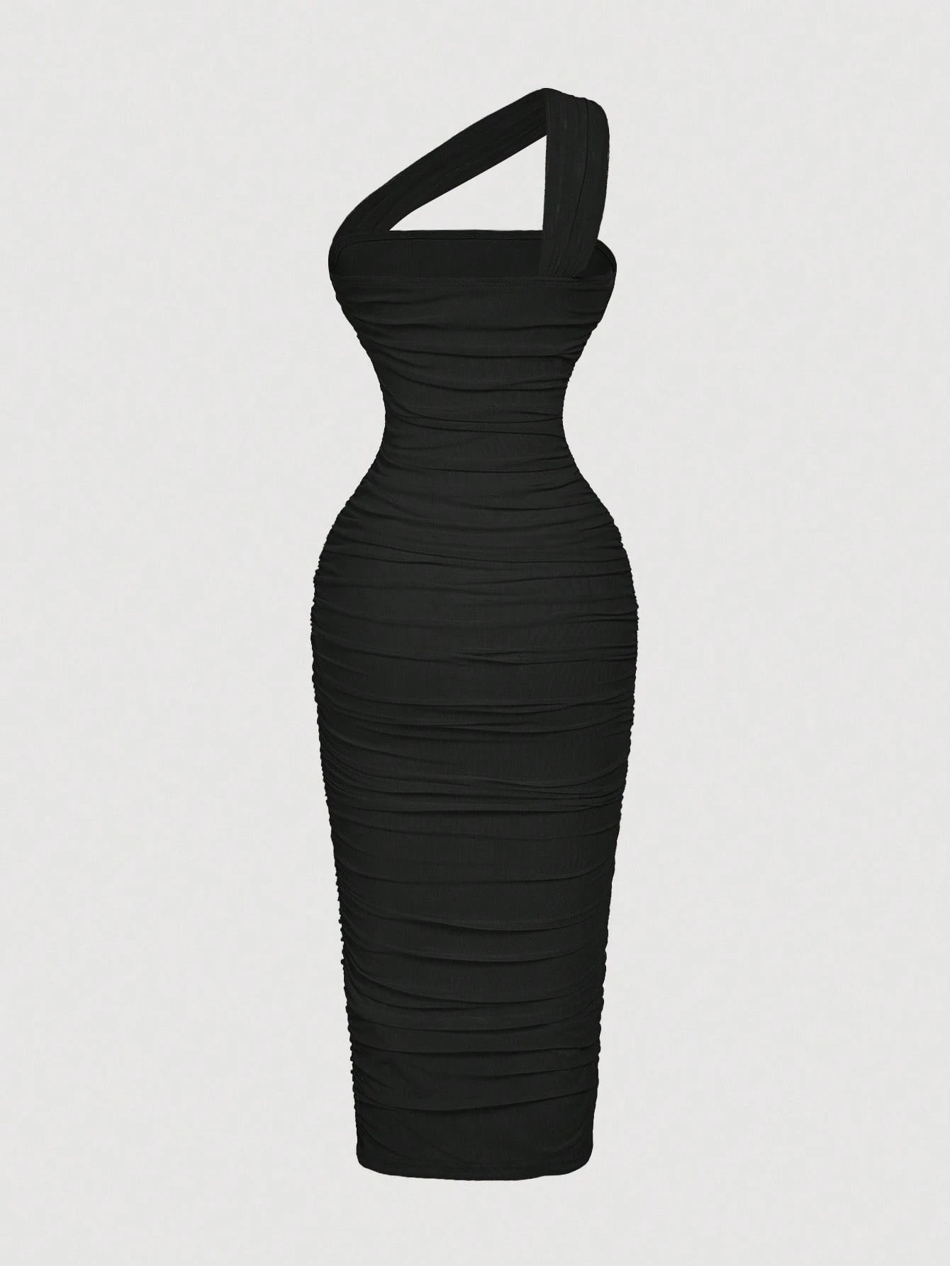 MOD Women's Elegant Vintage Asymmetric Ruched Sleeveless Bodycon Dress,Black Summer Wedding Guest Evening Gown,Night Out Party Formal Long Outfit Curve