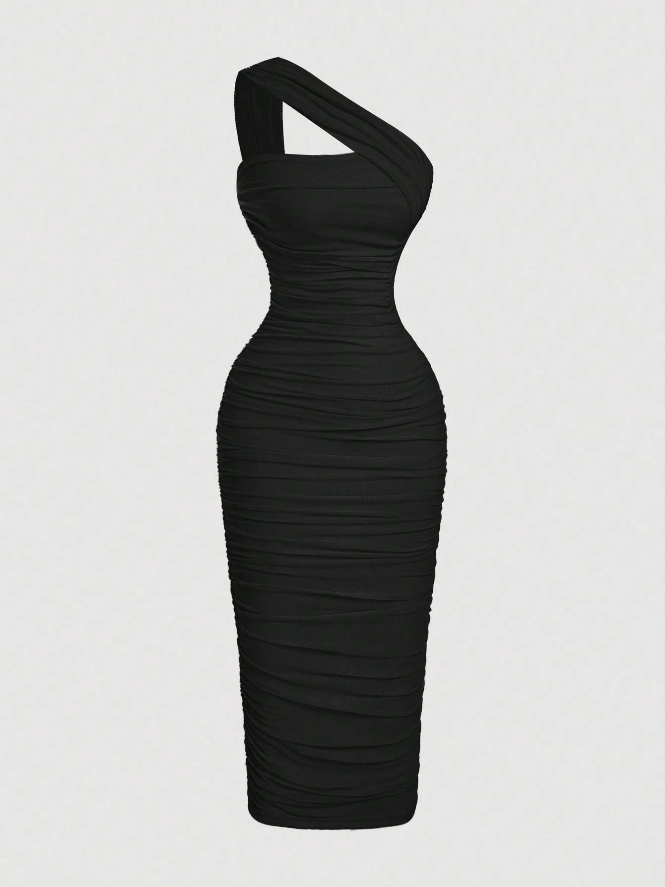 MOD Women's Elegant Vintage Asymmetric Ruched Sleeveless Bodycon Dress,Black Summer Wedding Guest Evening Gown,Night Out Party Formal Long Outfit Curve