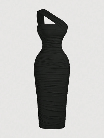 MOD Women's Elegant Vintage Asymmetric Ruched Sleeveless Bodycon Dress,Black Summer Wedding Guest Evening Gown,Night Out Party Formal Long Outfit Curve