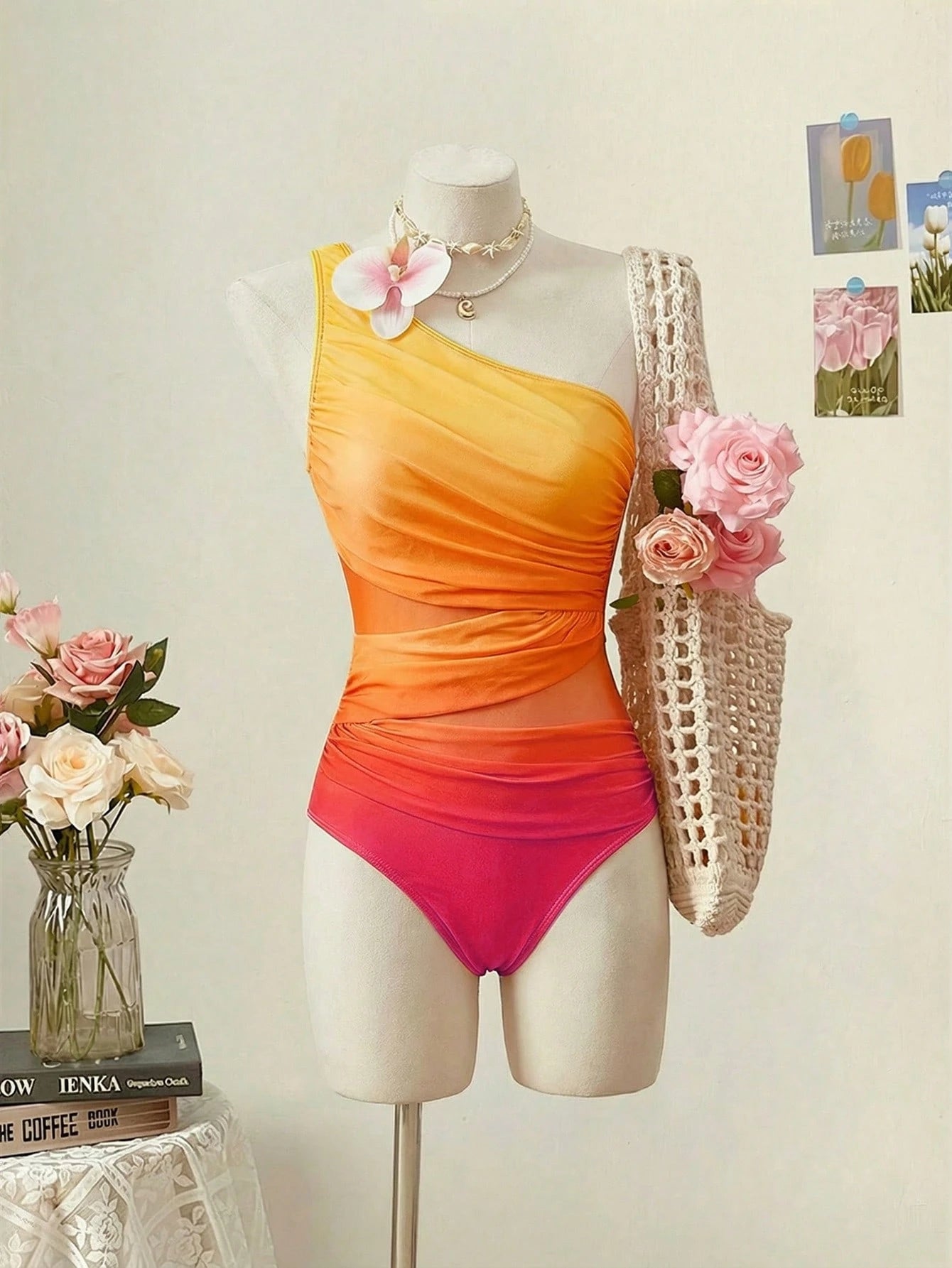 MOD Women's Fashionable Sexy Gradient Color Mesh One-Piece Swimsuit, Suitable For Beach And Vacation