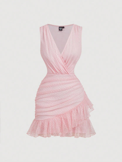 MOD Women's Pink Polka Dot Ruffle V-Neck Dress, Prom Dress, Party Dress