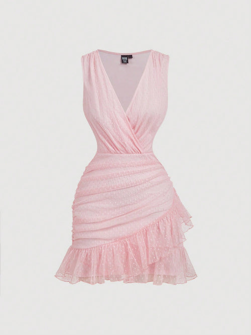 MOD Women's Pink Polka Dot Ruffle V-Neck Dress, Prom Dress, Party Dress