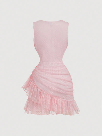 MOD Women's Pink Polka Dot Ruffle V-Neck Dress, Prom Dress, Party Dress