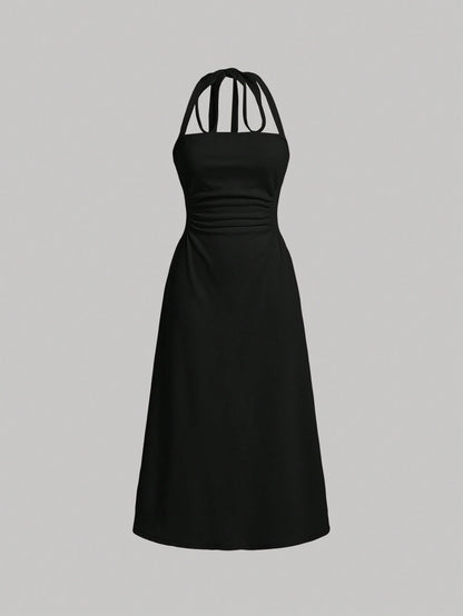 MOD Women's Pleated Ruched Waist Halter Neck Slim Fit Black Prom Dress