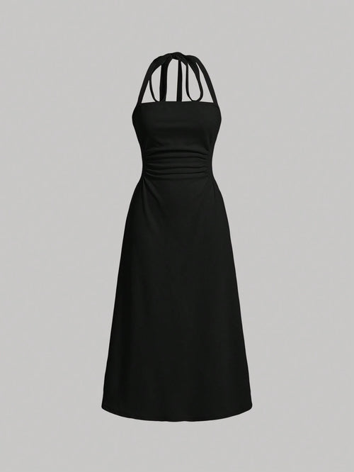 MOD Women's Pleated Ruched Waist Halter Neck Slim Fit Black Prom Dress