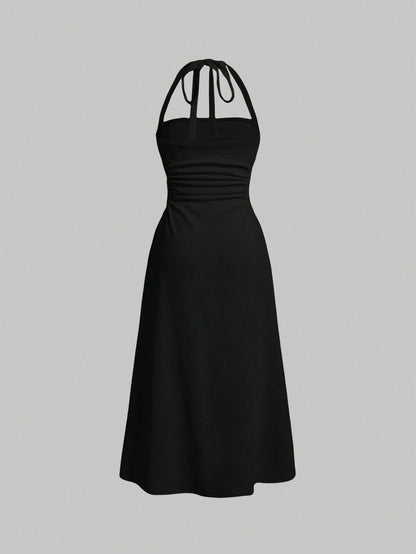 MOD Women's Pleated Ruched Waist Halter Neck Slim Fit Black Prom Dress