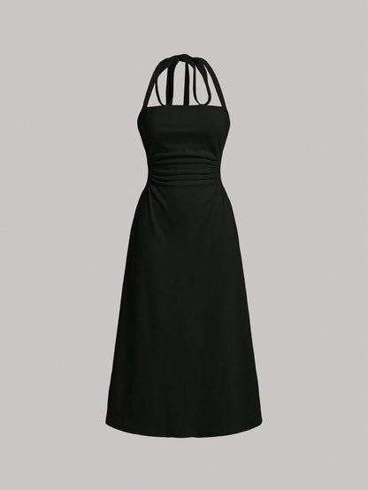 MOD Women's Pleated Ruched Waist Halter Neck Slim Fit Black Prom Dress